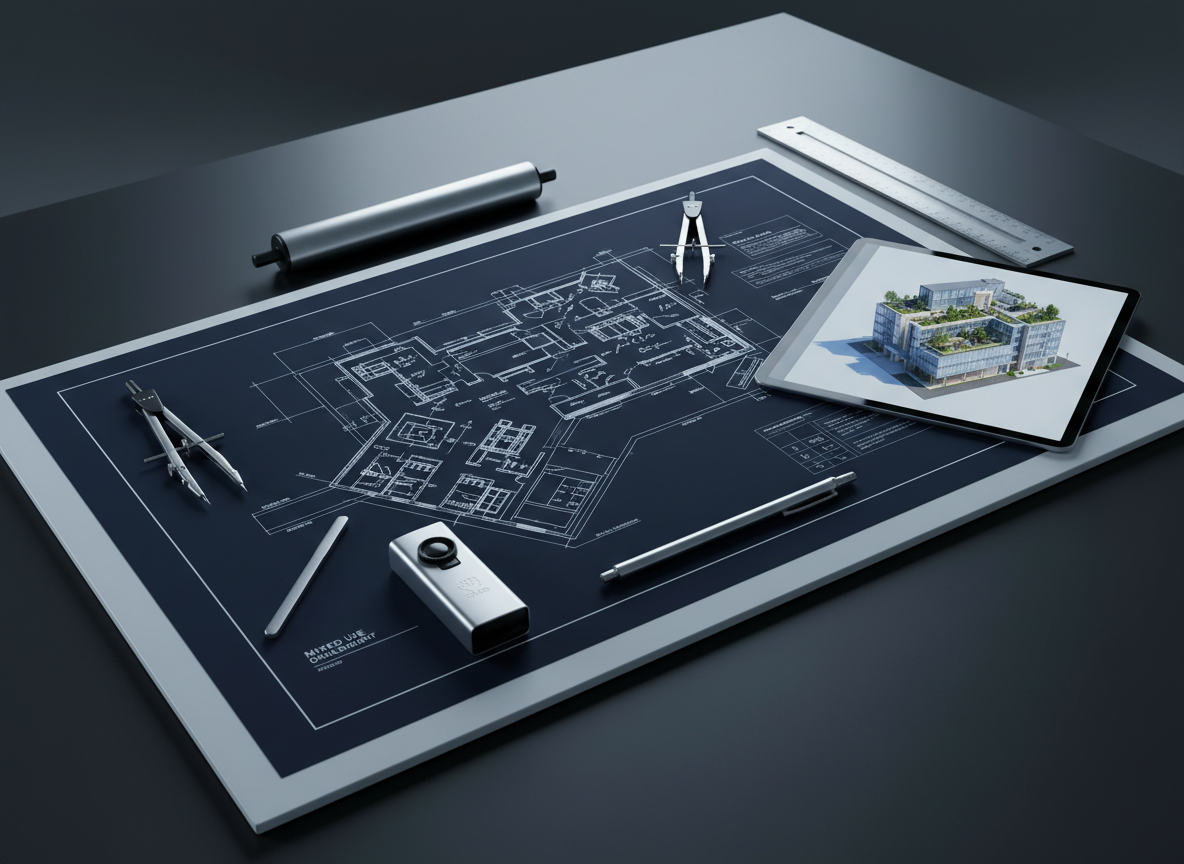 A sleek, large-format blueprint-style presentation board laid flat on a dark matte architectural table, displaying a mixed-use construction project with crisp white linework over deep navy. Around it, metal drafting tools, a laser distance measurer, and a tablet showing a 3D render sit in precise alignment, suggesting organized project management. Overhead, cool, diffused studio lighting creates soft reflections on brushed aluminum surfaces and subtle shadows along the blueprint edges. Photographic realism at an eye-level, slightly angled perspective, with sharp focus on the central board and a gentle falloff at the edges, evokes a professional, innovative mood suitable for a construction and events management brand homepage hero image.