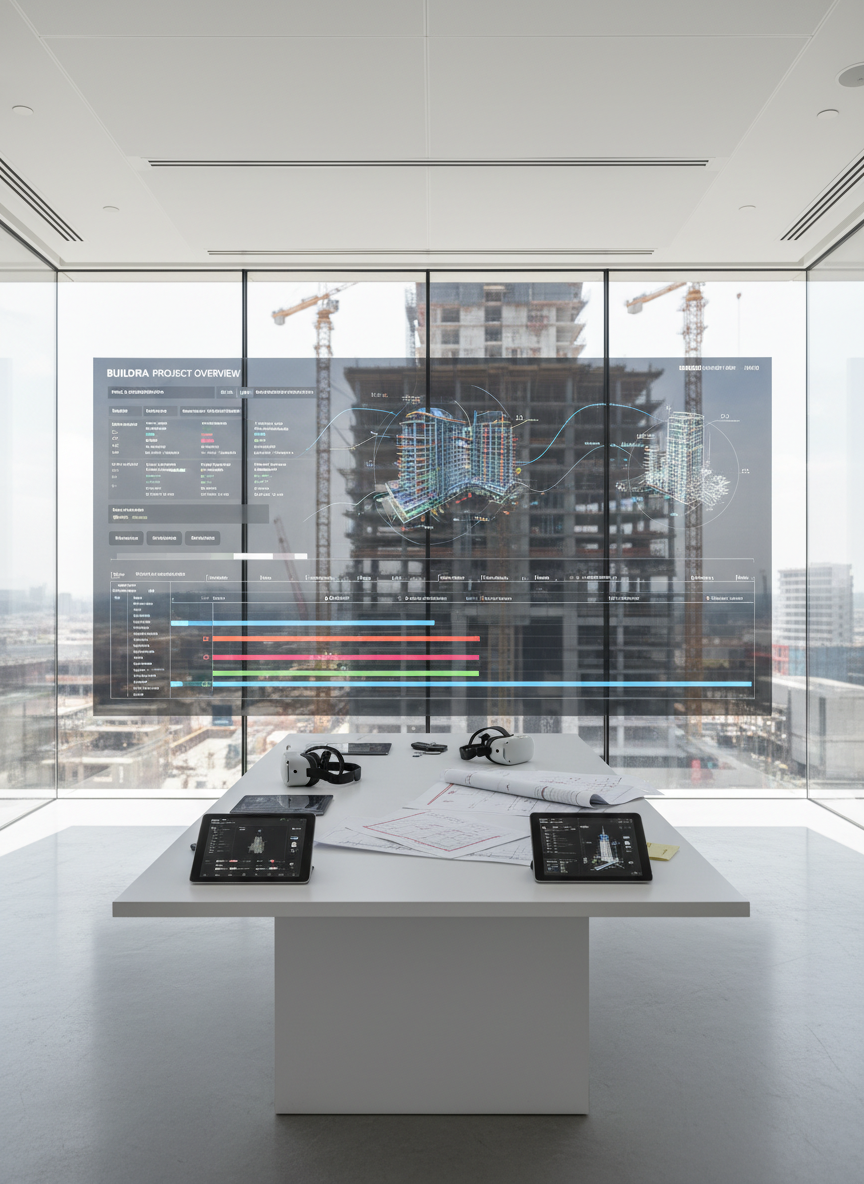 An ultra-clean, glass-walled site coordination room overlooking an active construction area, depicted without personnel. Inside, a large digital wall display shows synchronized schedules, 4D construction sequences, and color-coded timelines. A central island desk in matte white holds tablets, VR headsets, and printed site plans marked with precise annotations. Outside the glass, the structural skeleton of a building rises, cranes and scaffolding rendered in soft focus. Bright, even daylight streams in, creating crisp reflections on glass and polished concrete floors. Photographic realism with a balanced, eye-level composition emphasizes transparency, technology integration, and BUILDRA’s innovative, data-driven approach to managing complex projects.