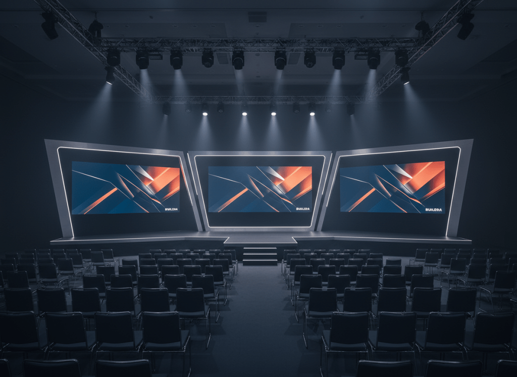 A sophisticated event stage setup inside an expansive, dimly lit convention hall, viewed without any people present. At center, a dramatic angular stage platform in matte charcoal and brushed steel hosts three large frameless LED screens displaying abstract geometric visuals in BUILDRA brand colors. Surrounding the stage, perfectly aligned rows of empty modern chairs recede into the distance. Overhead rigging bristles with spotlights and beam fixtures, some casting subtle cones of atmospheric light through a gentle haze. Photographic realism with a wide-angle lens from the back of the room, capturing symmetry and depth. The mood is anticipatory, professional, and polished, ideal for showcasing premium event organizing capabilities.