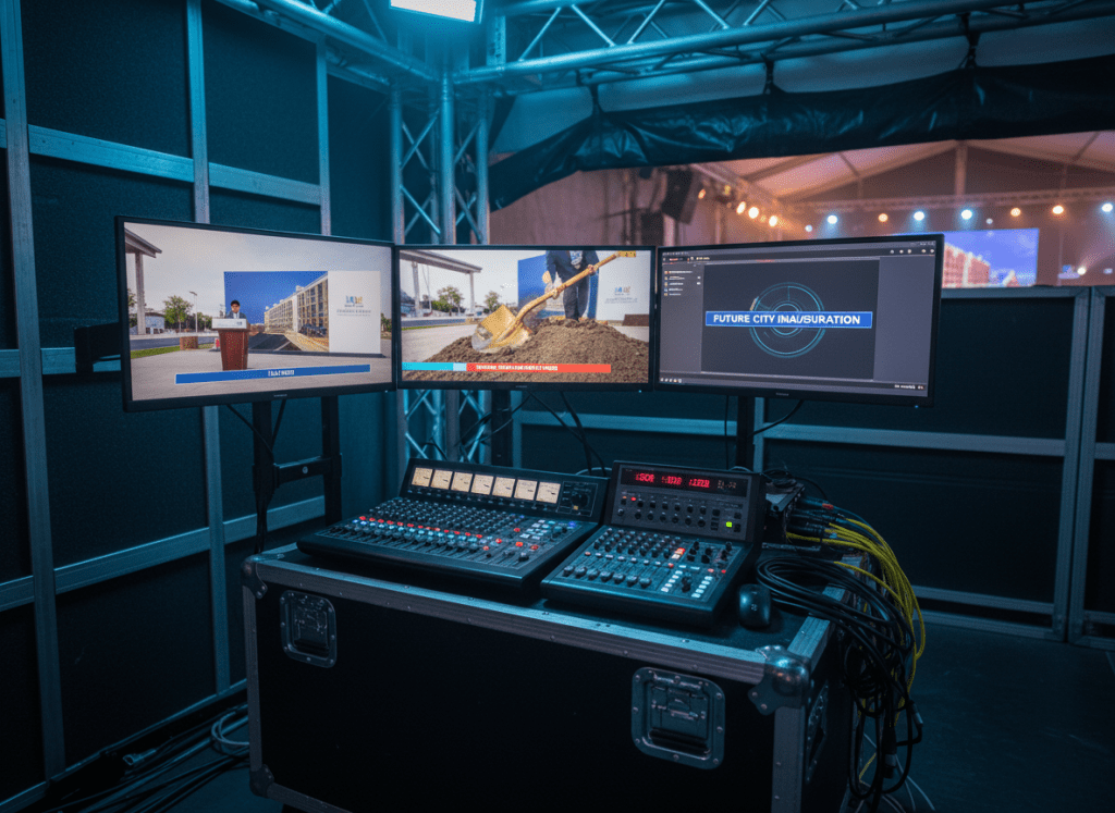 A compact, high-tech media control workstation set up on a black road case inside a temporary production area, with no operators present. Multiple color-accurate monitors display live feeds of a construction project launch event, while a video switcher, audio mixer, and timecode generator are organized in clean rows, their tiny LED indicators glowing softly. Coiled XLR and fiber cables are neatly bundled beside labeled patch panels. The space is surrounded by acoustic panels and truss structures fading into soft blur. Mixed lighting from cool LED work lamps and warm spill from the event stage creates a balanced, cinematic contrast. Photographic realism, shot from an eye-level three-quarter angle, conveys precision, control, and seamless media coverage.