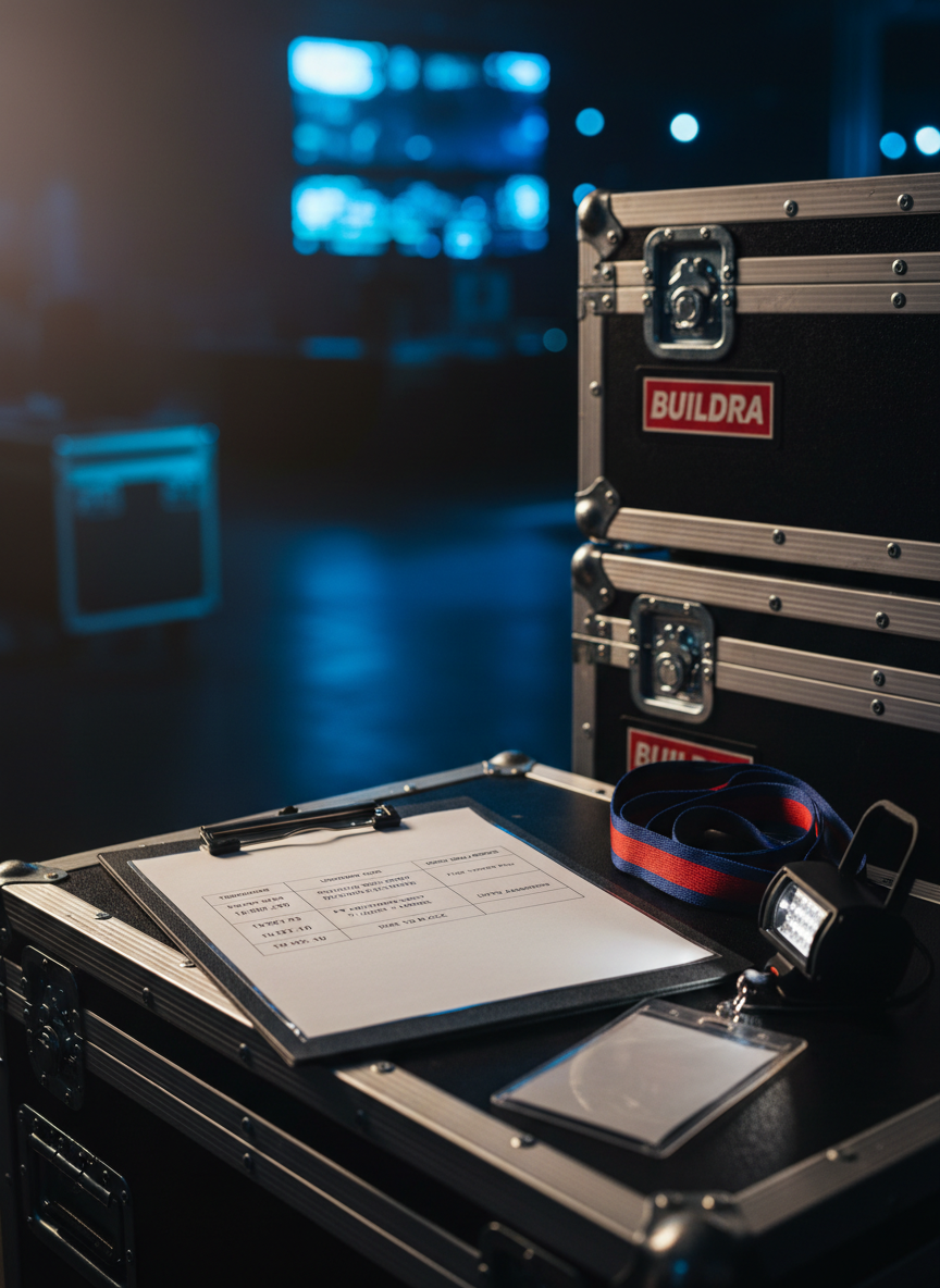 A close-up, detail-rich shot of a laminated event production cue sheet clipped to a matte black clipboard, resting on a rugged road case beside stacked flight cases labeled with BUILDRA branding. The cue sheet displays neatly organized columns of timestamps, lighting cues, and video roll points, all in crisp, legible print. A color-coded lanyard and a compact LED work light lie nearby. The environment is a dim backstage area, with cool blue ambient light from distant LED walls and a focused, warm key light illuminating the clipboard, creating dramatic contrast. Photographic realism with shallow depth of field gives sharp focus to the text and edges of the paper, symbolizing precision planning behind seamless events.