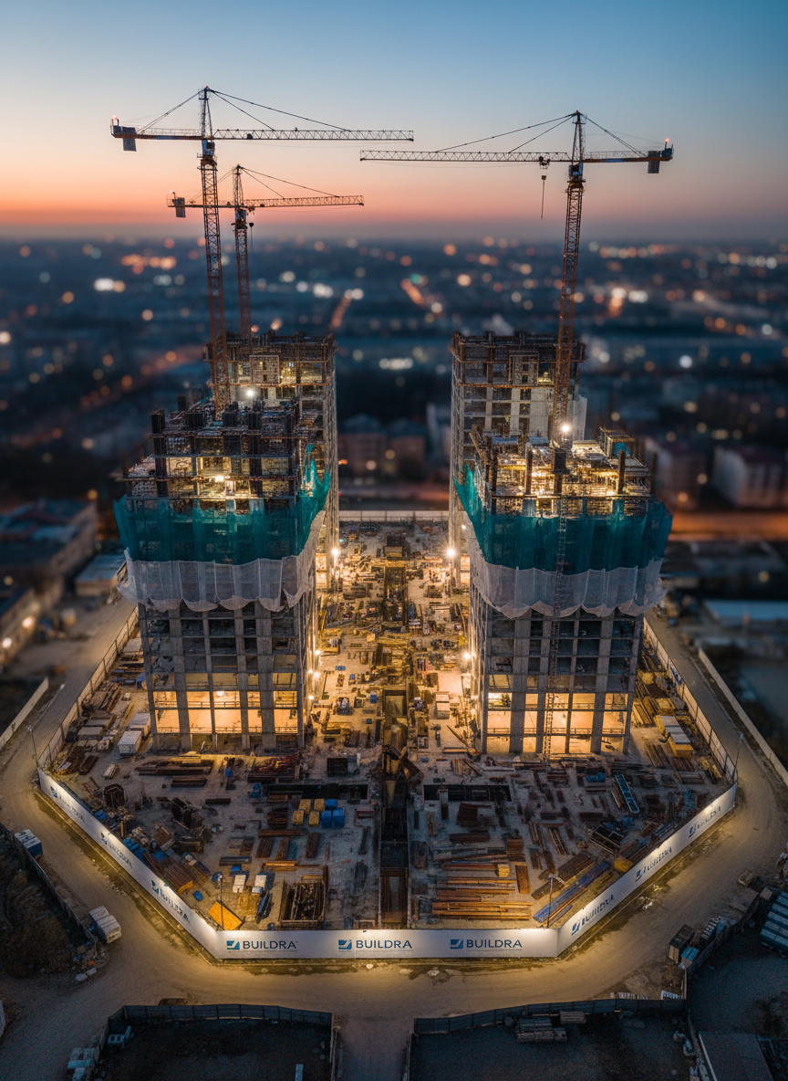 A dramatic twilight aerial view of a partially completed high-rise development captured from above, rendered without any human activity. Tower cranes rise beside illuminated structural frames, and temporary site lighting pools create islands of warm amber against cool blue evening shadows. Branded construction signage with the BUILDRA name appears on clean hoarding around the perimeter. In the distance, the city skyline falls into soft focus. Photographic realism with a wide-angle bird’s eye perspective emphasizes geometry, progress, and scale. The lighting highlights reflective steel, raw concrete textures, and safety netting, creating a bold, cinematic atmosphere that underscores expertise in complex construction project management and visual storytelling.