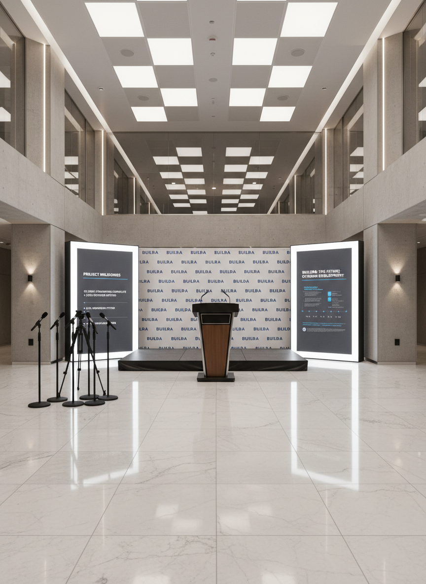 A meticulously arranged press briefing zone set within a polished lobby of a newly completed building, completely devoid of attendees. A compact stage with a sleek lectern in satin black stands before a repeating BUILDRA-branded backdrop, its fabric texture subtly visible. To one side, a tight cluster of empty mic stands and a camera tripod awaits use, while coordinated signage panels display project key facts and timelines in clean typography. Soft, diffused overhead lighting and discrete wall washers create an even, dignified glow, minimizing harsh shadows. Photographic realism from a frontal, slightly low angle conveys readiness, clarity, and the company’s professionalism in orchestrating high-profile media coverage moments.