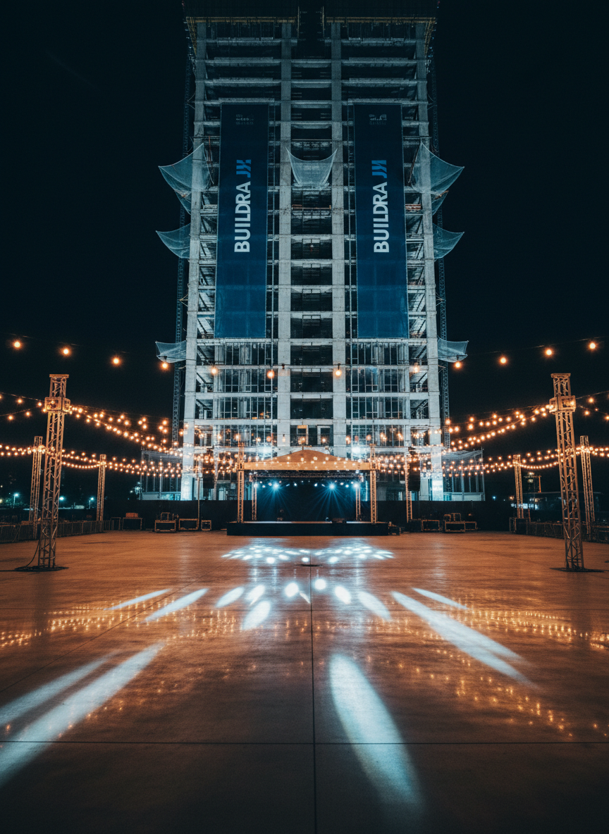 A night-time outdoor event site at a construction milestone celebration, shown completely empty, with the focus on the environment. A long, low stage is set against a backdrop of the illuminated structure under construction, wrapped in sleek branded banners. Discreet uplighting washes the building’s framework in cool white, while warm festoon lighting traces the event perimeter. On the ground, polished concrete reflects subtle glimmers from moving head fixtures mounted on truss towers. Photographic realism from a mid-height, slightly off-center angle captures depth and reflections. The mood is celebratory yet controlled, highlighting BUILDRA’s ability to merge construction achievement with refined event design and atmospheric lighting.