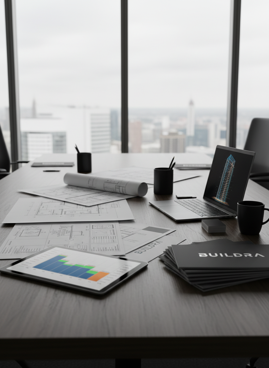 A minimalist, high-end boardroom table made of dark stained oak with a subtle satin finish, set for a project strategy session yet entirely unoccupied. On the table, a precisely arranged set of construction project documents, a tablet displaying a colorful Gantt chart, a slim laptop showing a 3D building model, and a tidy stack of event run-of-show printouts with the BUILDRA logo on their covers. Floor-to-ceiling windows reveal a blurred cityscape beyond. Soft, overcast daylight floods the room, creating gentle reflections on the table and matte black accessories. Photographic realism from a low, side-on angle with shallow depth of field conveys calm authority, meticulous planning, and executive-level professionalism.