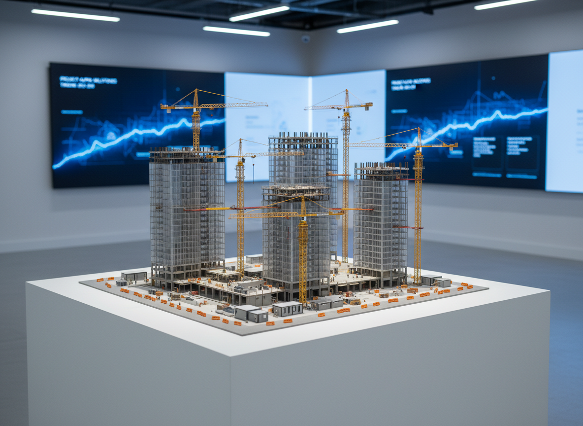 A meticulously detailed architectural scale model of a modern construction site placed on a clean, white exhibition plinth in a minimalist presentation studio. The model features glass-clad towers, articulated cranes, temporary site offices, and miniature safety barriers, all rendered in neutral concrete grays, steel silvers, and clear acrylic panels. Large wall-mounted LED screens in the blurred background display abstract timelines and project milestones. Cool, even studio lighting highlights the crisp edges of the model and casts controlled, precise shadows. Shot from a slightly elevated angle with photographic realism and medium depth of field, the composition follows the rule of thirds, conveying order, ambition, and high-end project management expertise.